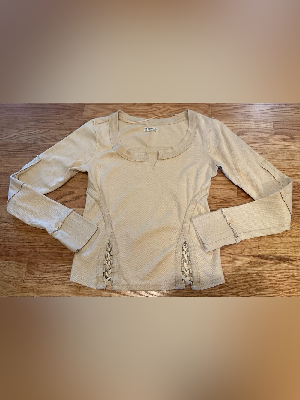 We The Free Beige Thermal Lace-Up Side Fairy Goth Women’s L Boho Long Sleeve Top